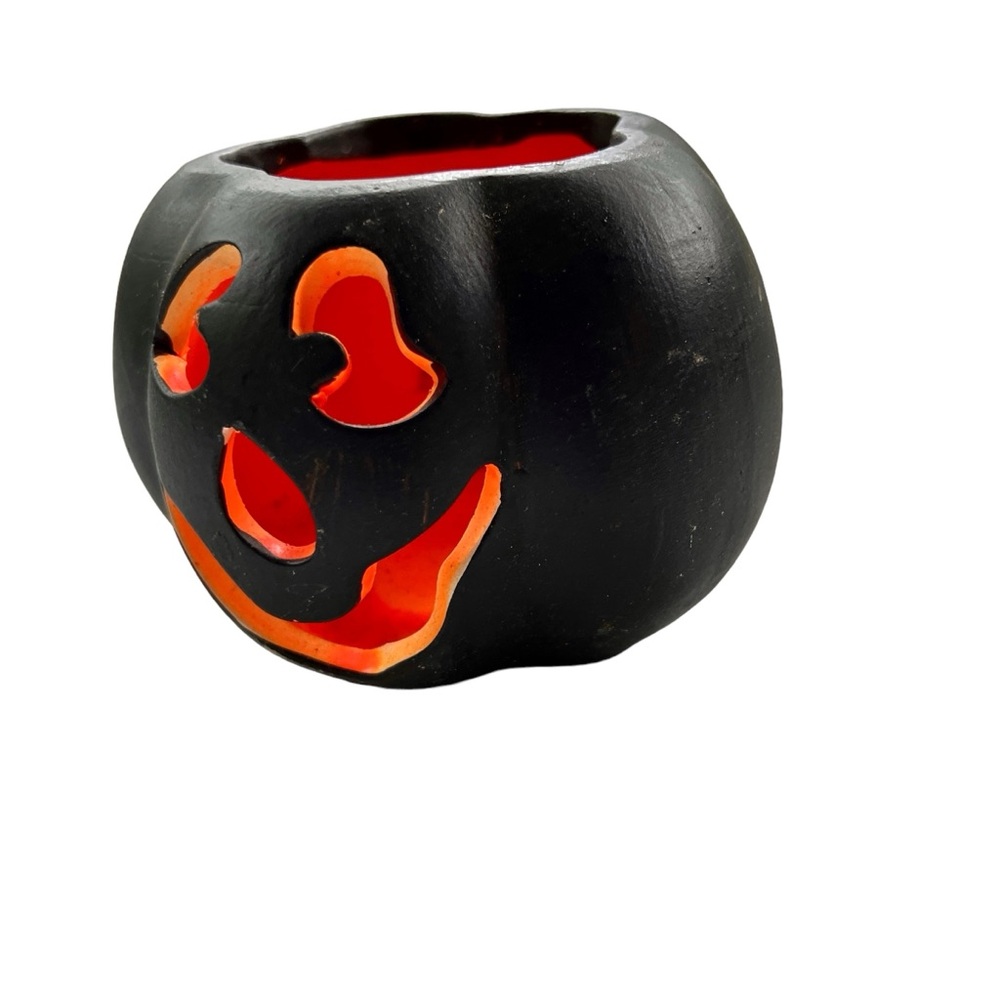 Ceramic Halloween Pumpkin Candle Holder  Black And Orange Scary Face Table Top